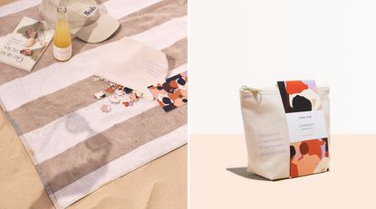 Left, a puzzle on a beach blanket and right, in a canvas pouch