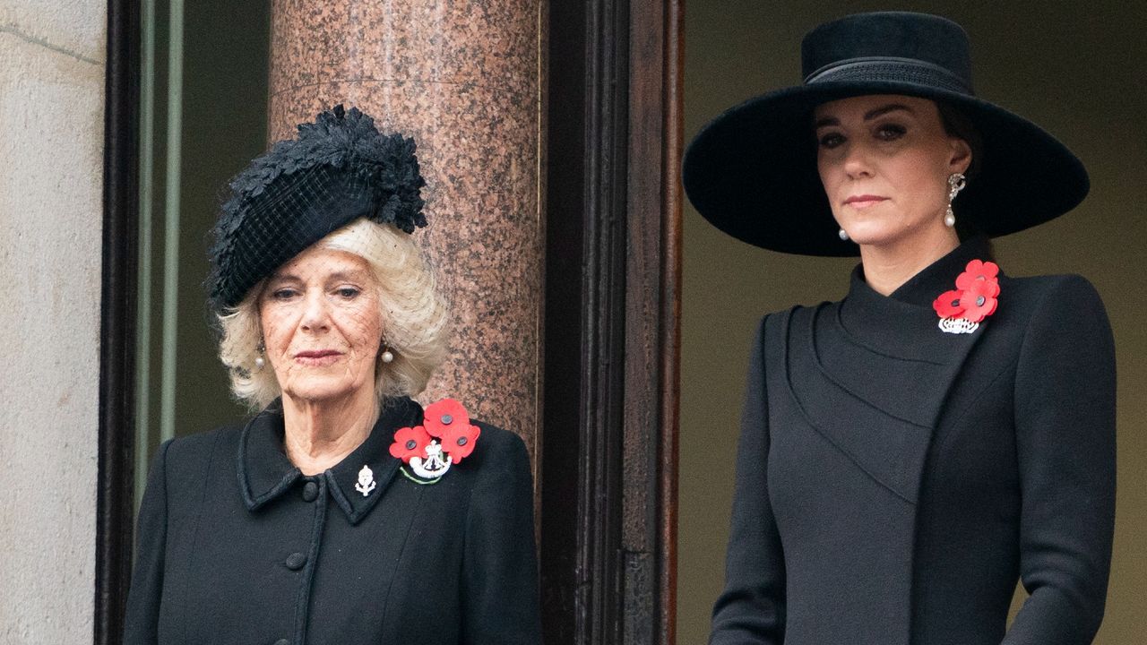 Queen Camilla and Kate Middleton’s balcony appearance change revealed, seen here attending the Remembrance Sunday ceremony