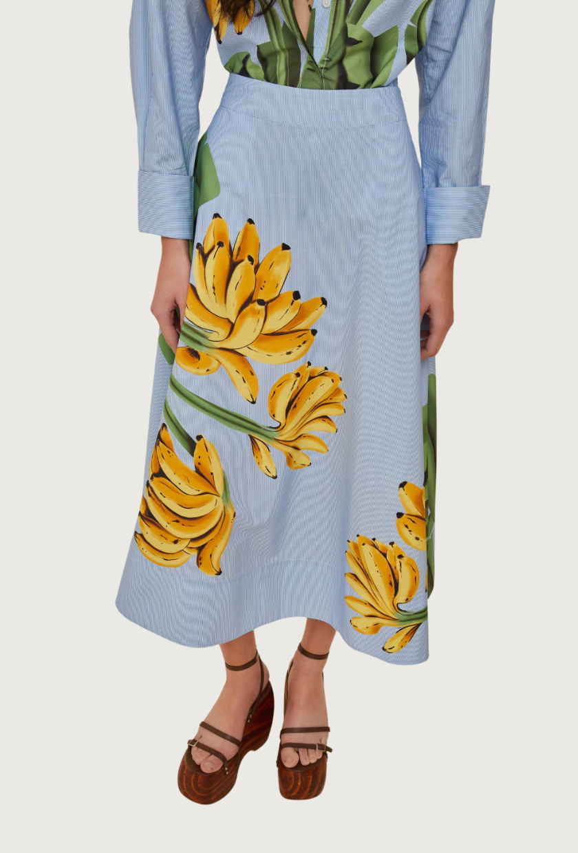 FARM RIO, Blue Banana Cocina Striped Midi Skirt