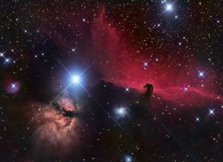 Saddled up in the Orion Molecular Cloud is a horse-shaped object known as the Horsehead Nebula. This equestrian shape is a dark absorption nebula where dense clouds of dust and gas make it difficult for any light to shine through it. Also known as Barnard 33, the nebula is located about 1,500 light-years away from Earth in the Orion constellation. To its left is a bright emission nebula named NGC 2024, or the Flame Nebula.