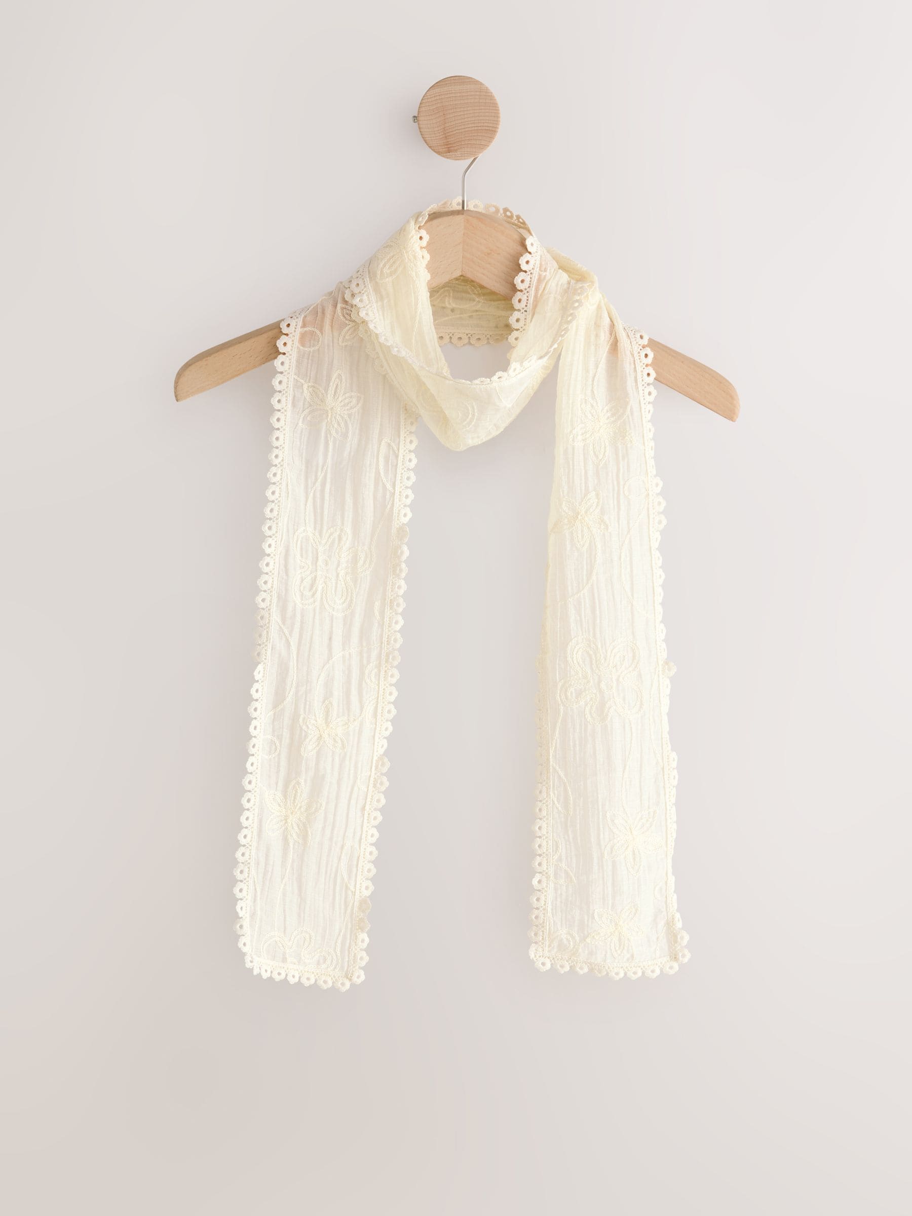 Cream Embroidered Skinny Embroidered Scarf
