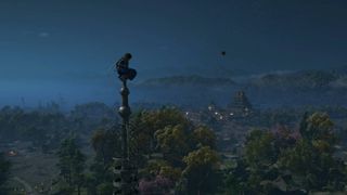 Assassin's Creed Shadows Naoe perched on top of pagoda spire overlooking Osaka