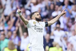 Karim Benzema celebrates after scoring a penalty for Real Madrid against Athletic Club in June 2023, his last goal for Los Blancos.