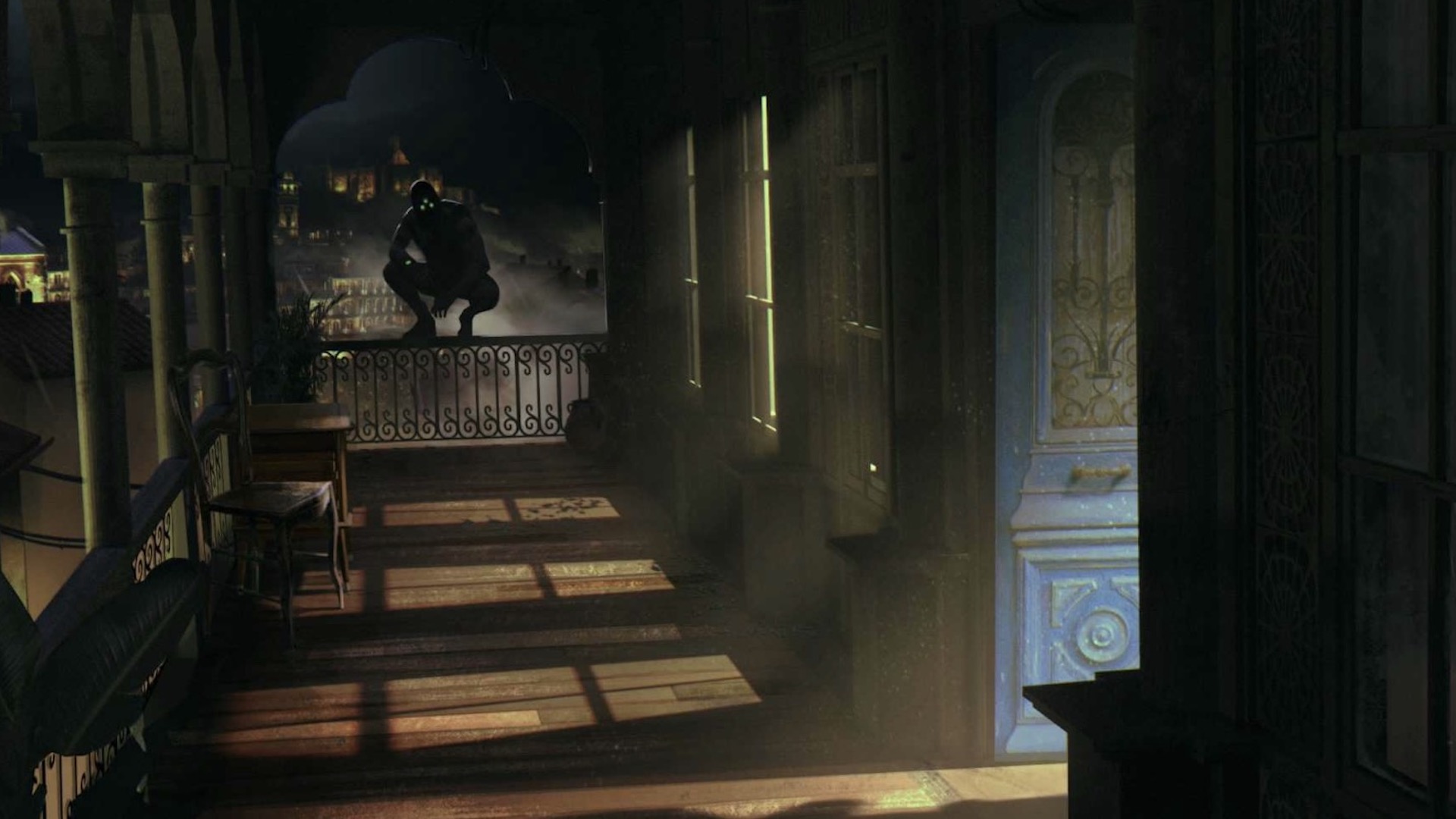 Sam Fisher perched on a railing on a balcony, watching the shadow of a person standing inside