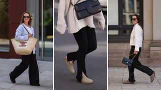 Three women wearing black trousers and Birkenstock clogs