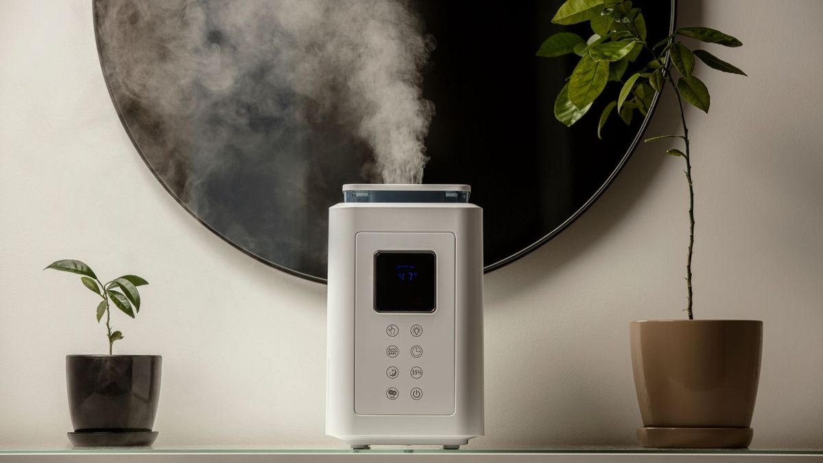 A humidifier in a room with black mirror behind it with plants either side