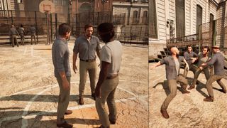 A split-screen screenshot of co-op game A Way Out and the characters in the prison yard