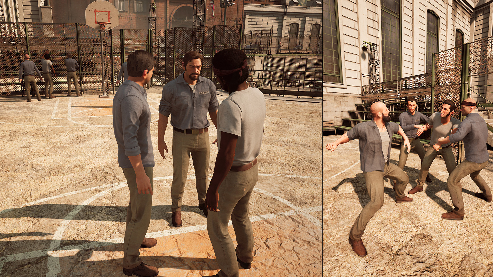 Split screenshot of cooperative games a way out and characters in prison fields