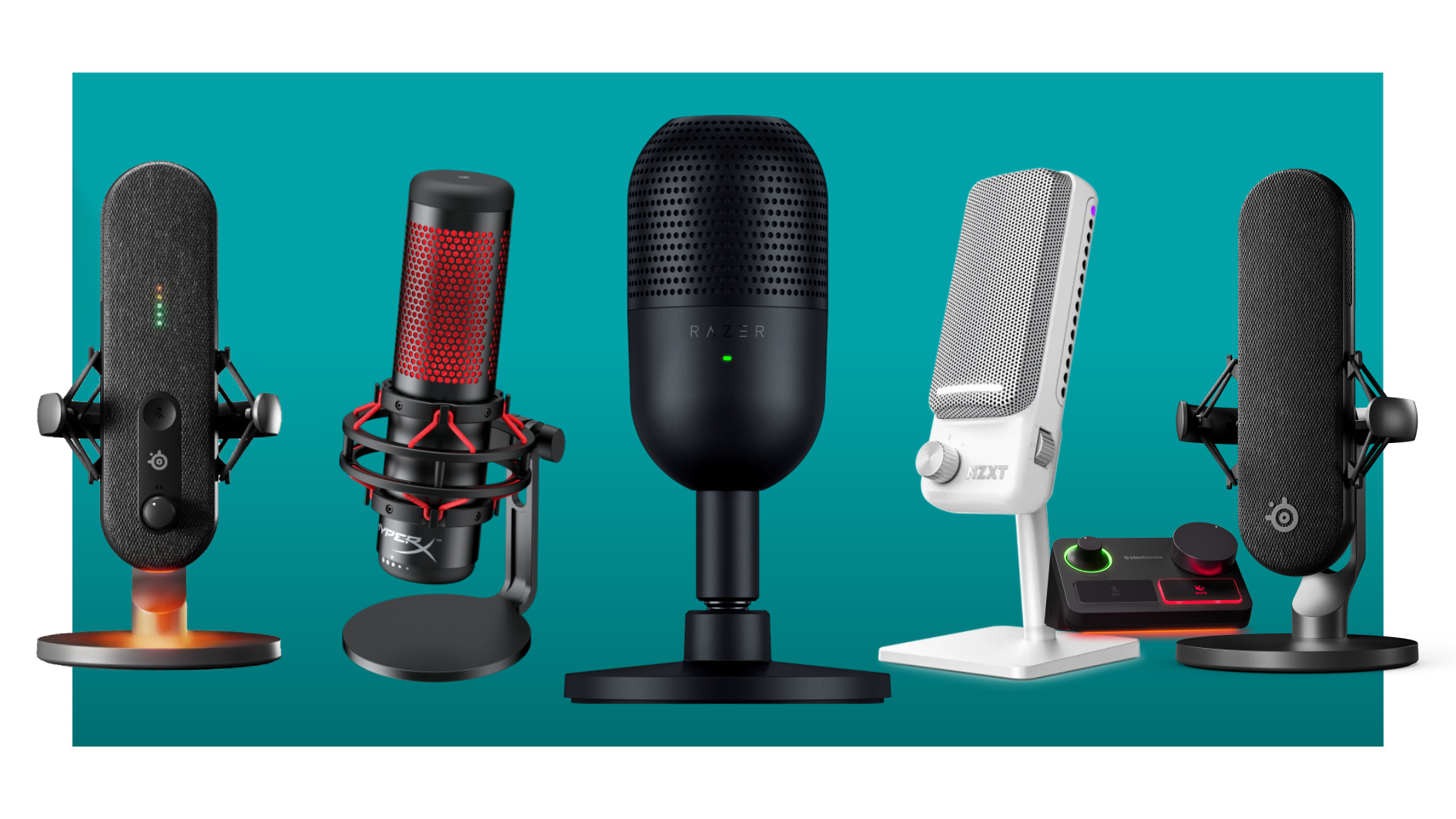 Five gaming microphones on a teal deals background