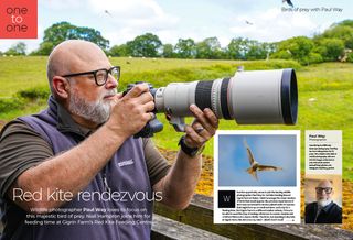 Photo of first two pages of the One to One pro masterclass, photographing red kites with Paul way, in the August 2024 issue of Digital Camera magazine