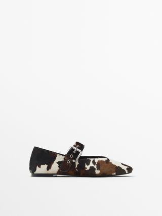 Animal Print Furskin Ballet Flats With Buckle