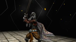 An elf-like creature wields a sword in a dark void.