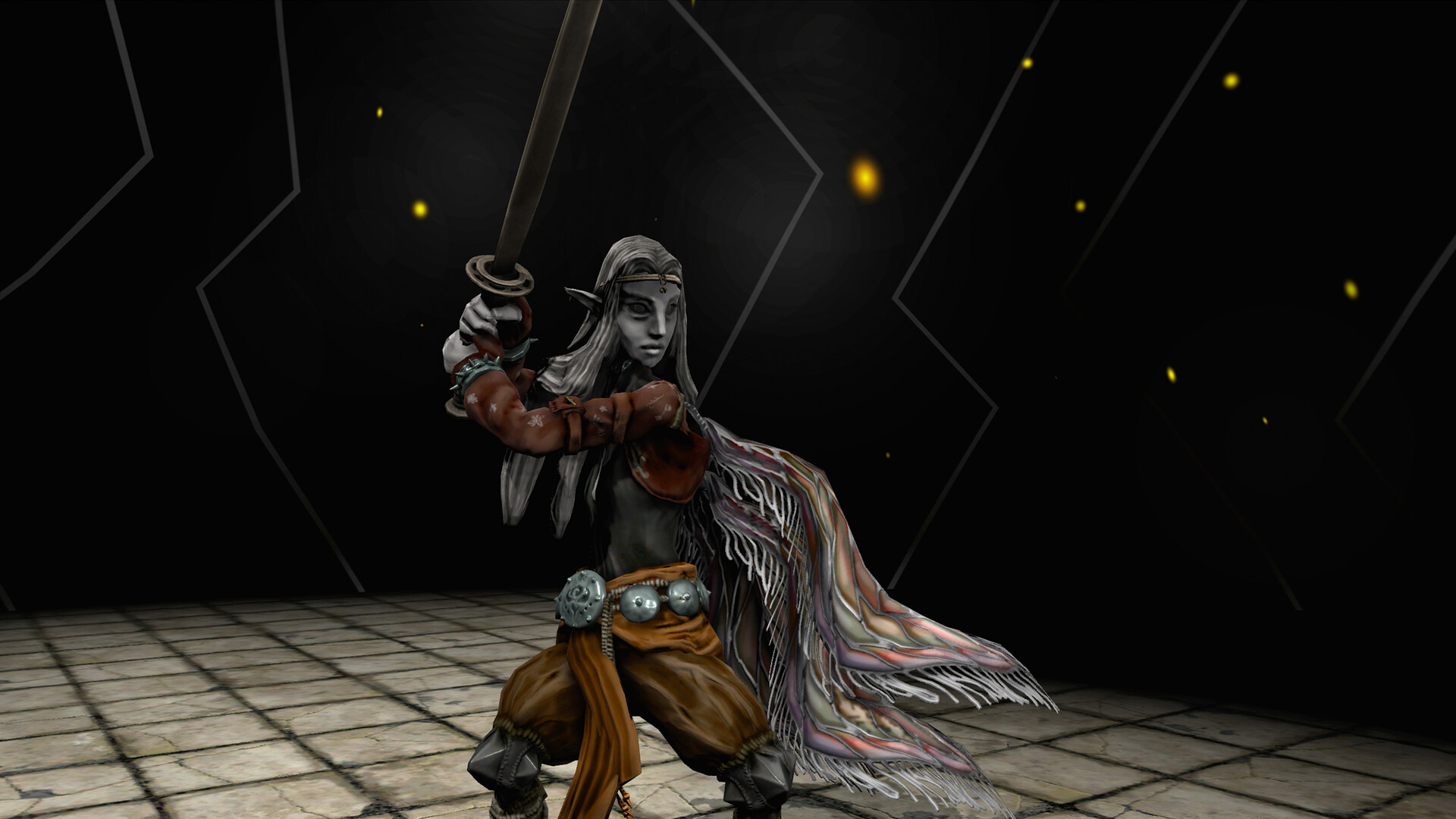 An elf-like creature wields a sword in a dark void.