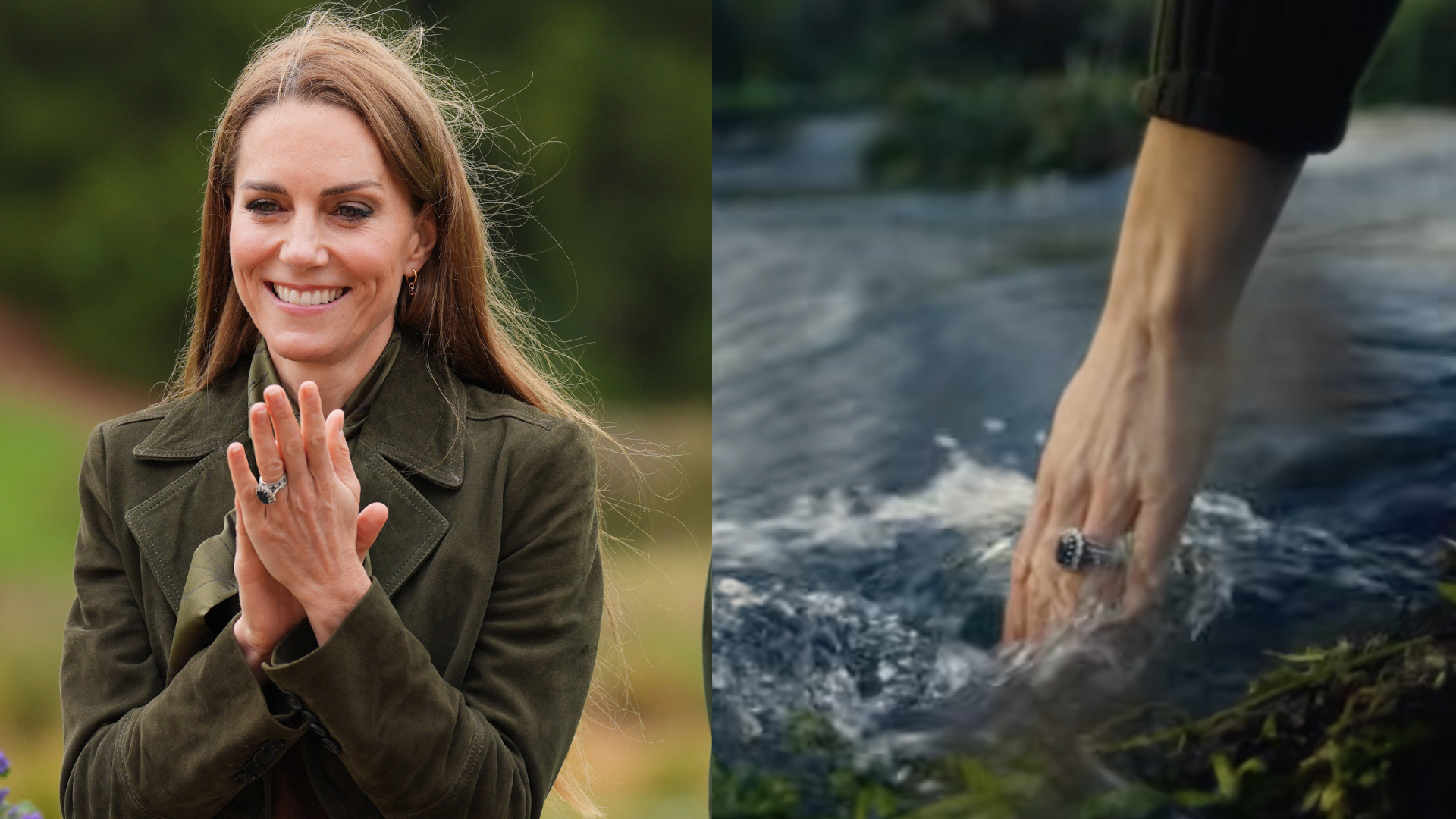 Princess Kate wearing a green jacket and clapping; Princess Kate sticking her hand in a stream