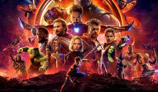 Avengers: Infinity War the hero roster in front of glowing fires