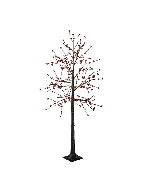 6ft Light Up Black Christmas Twig Tree With Red Berries and Warm White LEDs