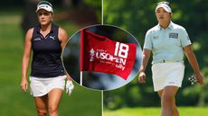 Lexi Thompson and Haeran Ryu walking with a US Women's Open flag center