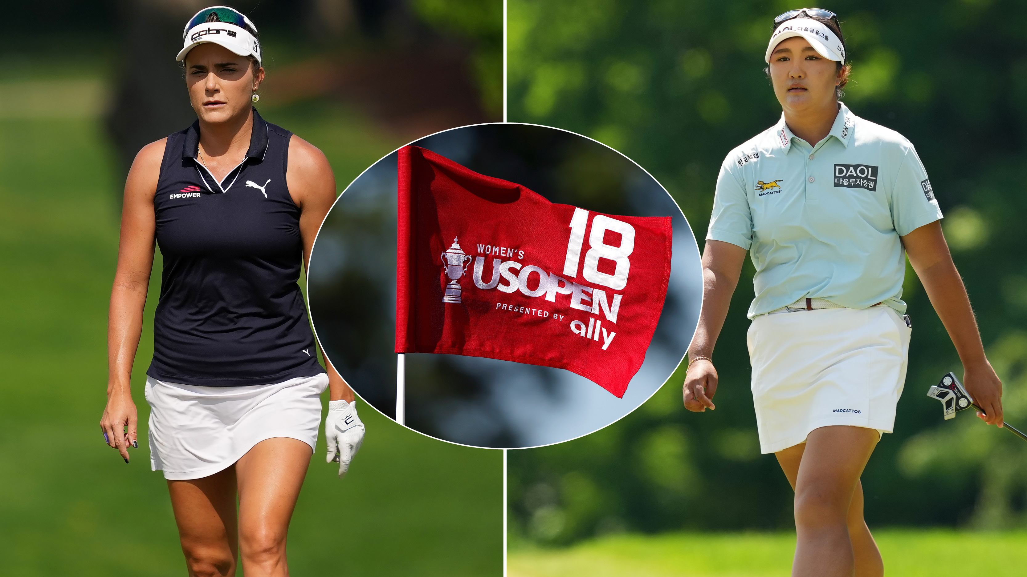 Lexi Thompson and Haeran Ryu walking with a US Women's Open flag center