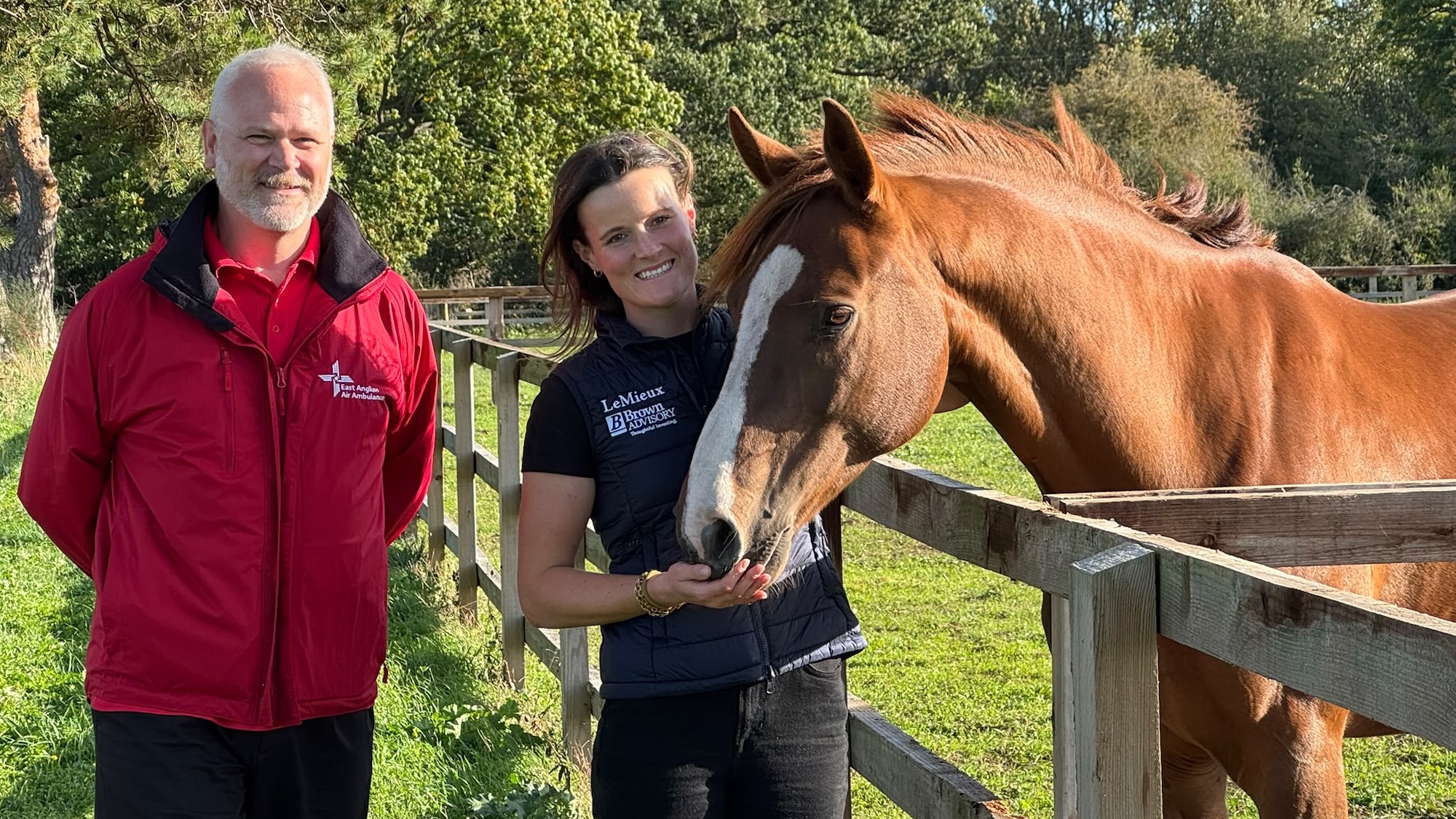 Stuart Wyle, Director of Fundraising and Supporters at East Anglian Air Ambulance, and Bubby Upton, pictured alongside a chestnut horse