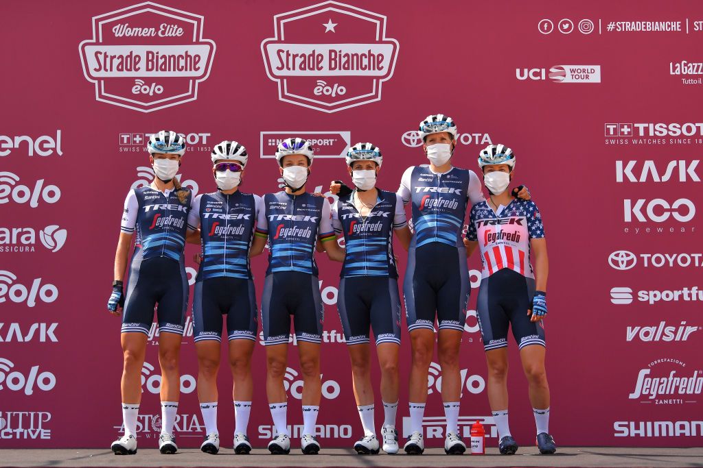 SIENA ITALY AUGUST 01 Start Lucinda Brand of The Netherlands Elizabeth ArmisteadDeignan of The United Kingdom Elisa Longo Borghini of Italy Ellen Van Dijk of The Netherlands Tayler Wiles of The United States Ruth Winder of The United States and Team TrekSegafredo Women Covid Safe measures Team Presentation during the Eroica 6th Strade Bianche 2020 Women Elite a 136km race from Siena to Siena Piazza del Campo StradeBianche on August 01 2020 in Siena Italy Photo by Luc ClaessenGetty Images
