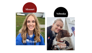 A woman taking a selfie wearing a blue sweater; a woman hugging a dog outside a polling center