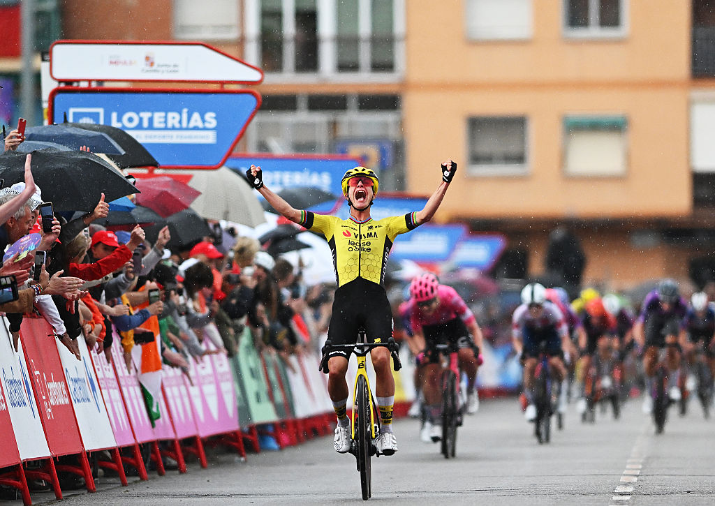 SANT BOI DE LLOBREGAT, SPAIN - MAY 05: Marianne Vos of Netherlands and Team Visma | Lease a Bike celebrates at finish line as stage winner during the 11th La Vuelta Femenina 2025, Stage 2 a 99km stage from Molins de Rei to Sant Boi de Llobregat / #UCIWWT / on May 05, 2025 in Sant Boi de Llobregat, Spain. (Photo by Szymon Gruchalski/Getty Images)