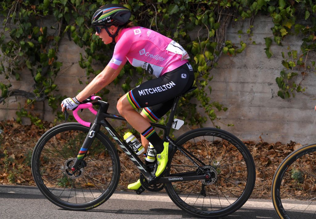 TERRACINA ITALY SEPTEMBER 15 Annemiek Van Vleuten of The Netherlands and Team Mitchelton Scott Pink Leader Jersey during the 31st Giro dItalia Internazionale Femminile 2020 Stage 5 a 1103km stage from Terracina to Terracina GiroRosaIccrea GiroRosa on September 15 2020 in Terracina Italy Photo by Luc ClaessenGetty Images