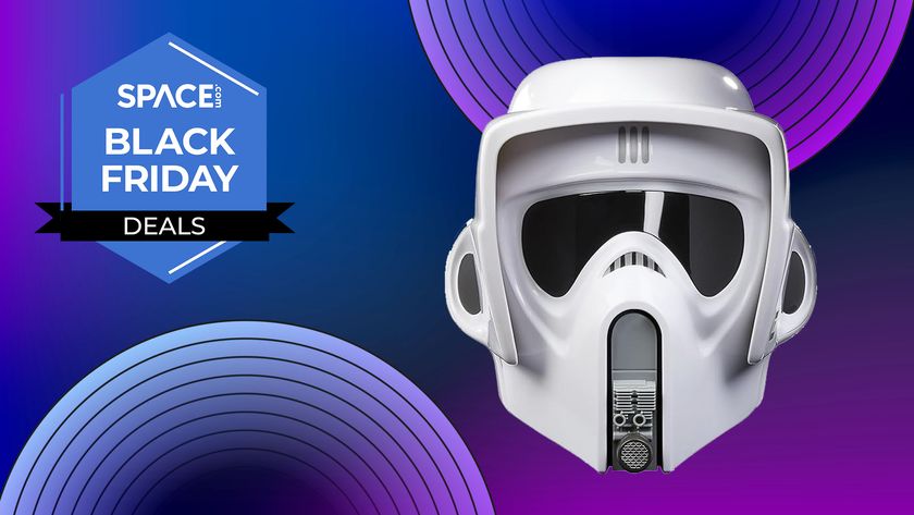 A Star Wars Black Series Scout Trooper Helmet on a purple and blue background, with a Space Black Friday deals logo by it. 