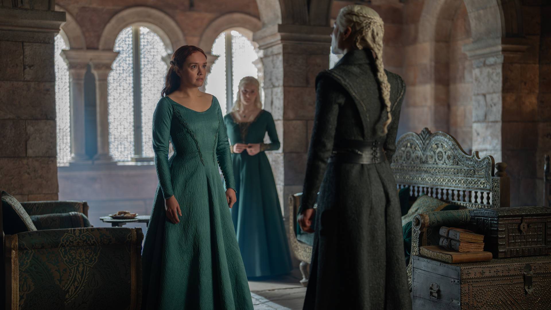 Emma D'Arcy as Rhaenyra Targaryen and Olivia Cooke as Alicent Hightower in House of the Dragon season 3, episode 3