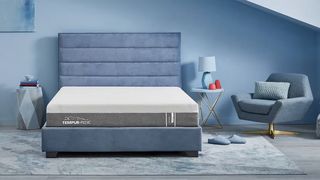 The Tempur-Pedic Tempur-Cloud mattress, shown on a blue fabric bed frame in a blue bed frame, is the best deal for smaller budgets