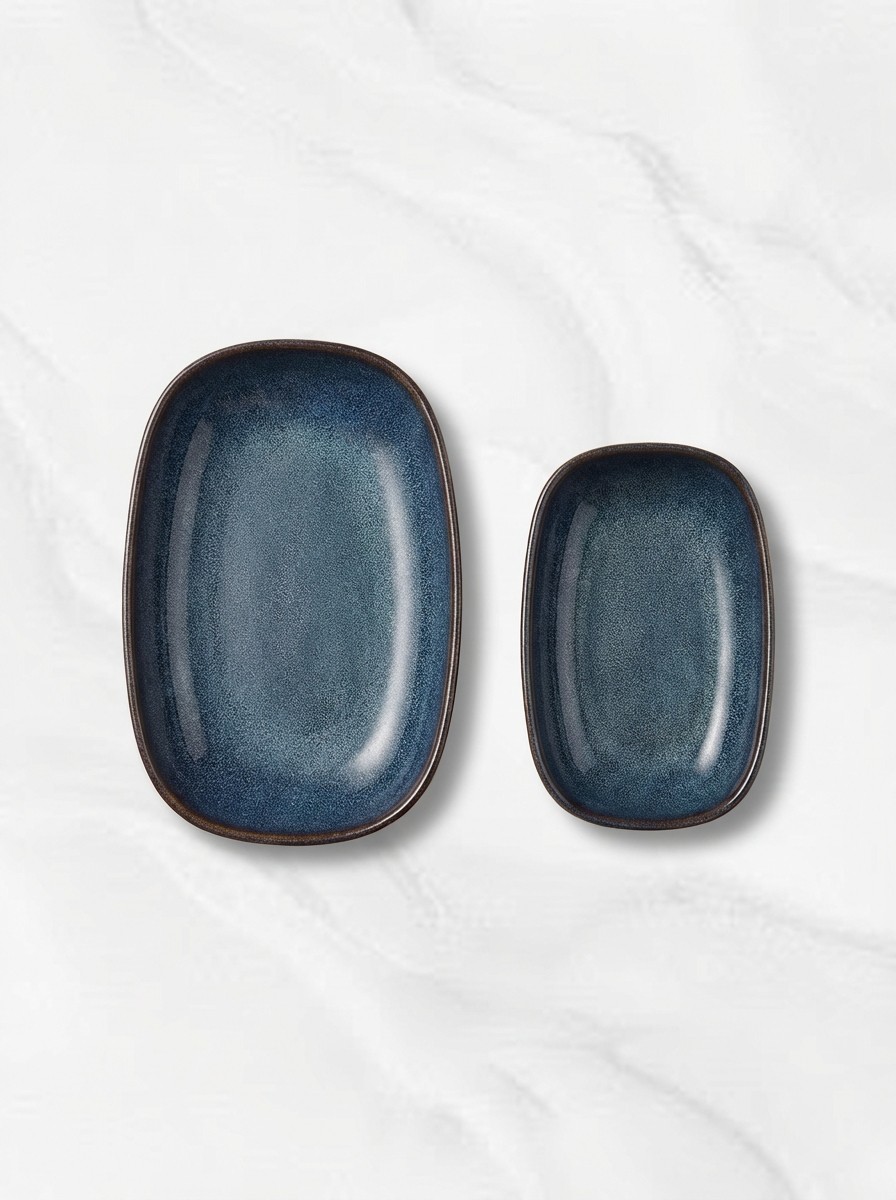 IKEA kitchenware in blue and walnut