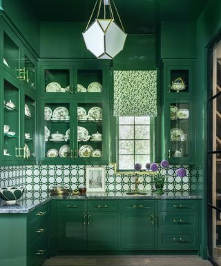 green kitchen with glass cabinets