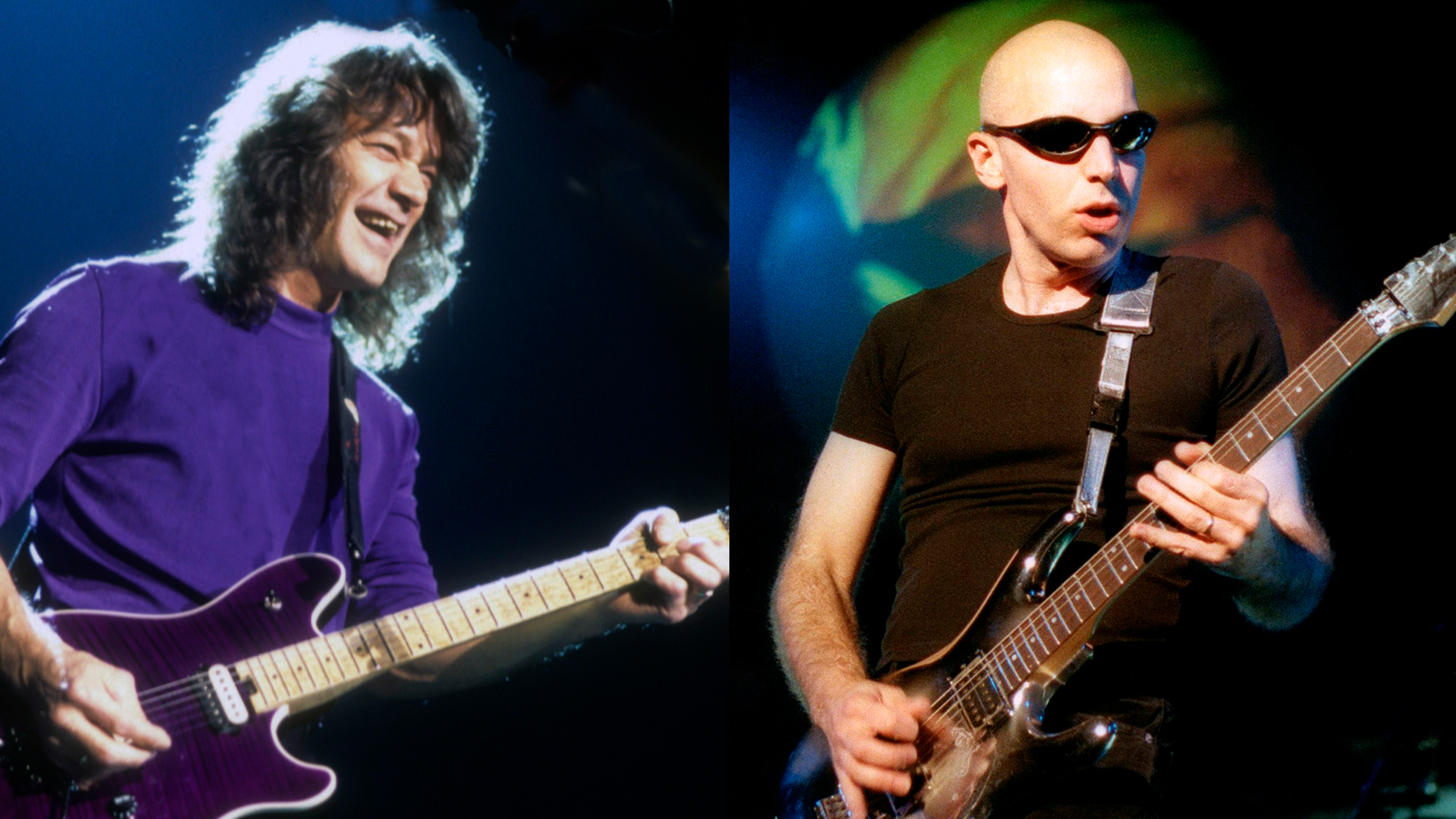 LEFT: Eddie Van Halen performs with Van Halen at Madison Square Garden on May 22, 1998 in New York City. RIGHT: Joe Satriani, onstage at the Manchester Apollo, May 16, 1998. 