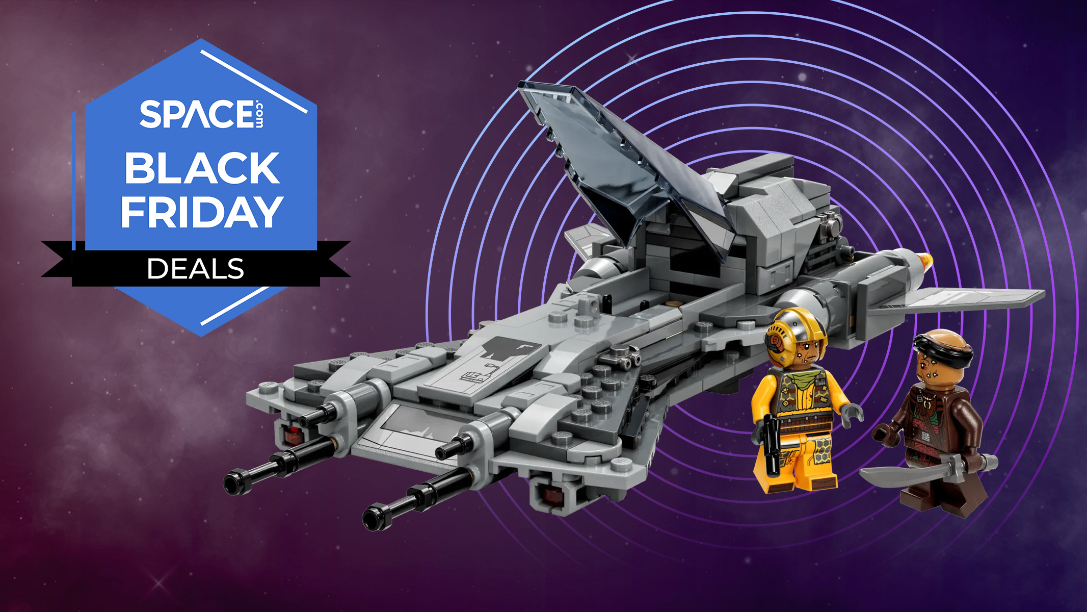 Lego Star Wars Pirate Snub Fighter set on a purple background with a Space Black Friday deals badge.