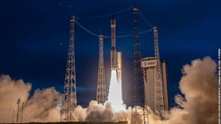 An Arianespace Vega rocket carrying three CERES satellites for the French military lifts off from the Guiana Space Center in Kourou, French Guiana on Nov. 16, 2021.