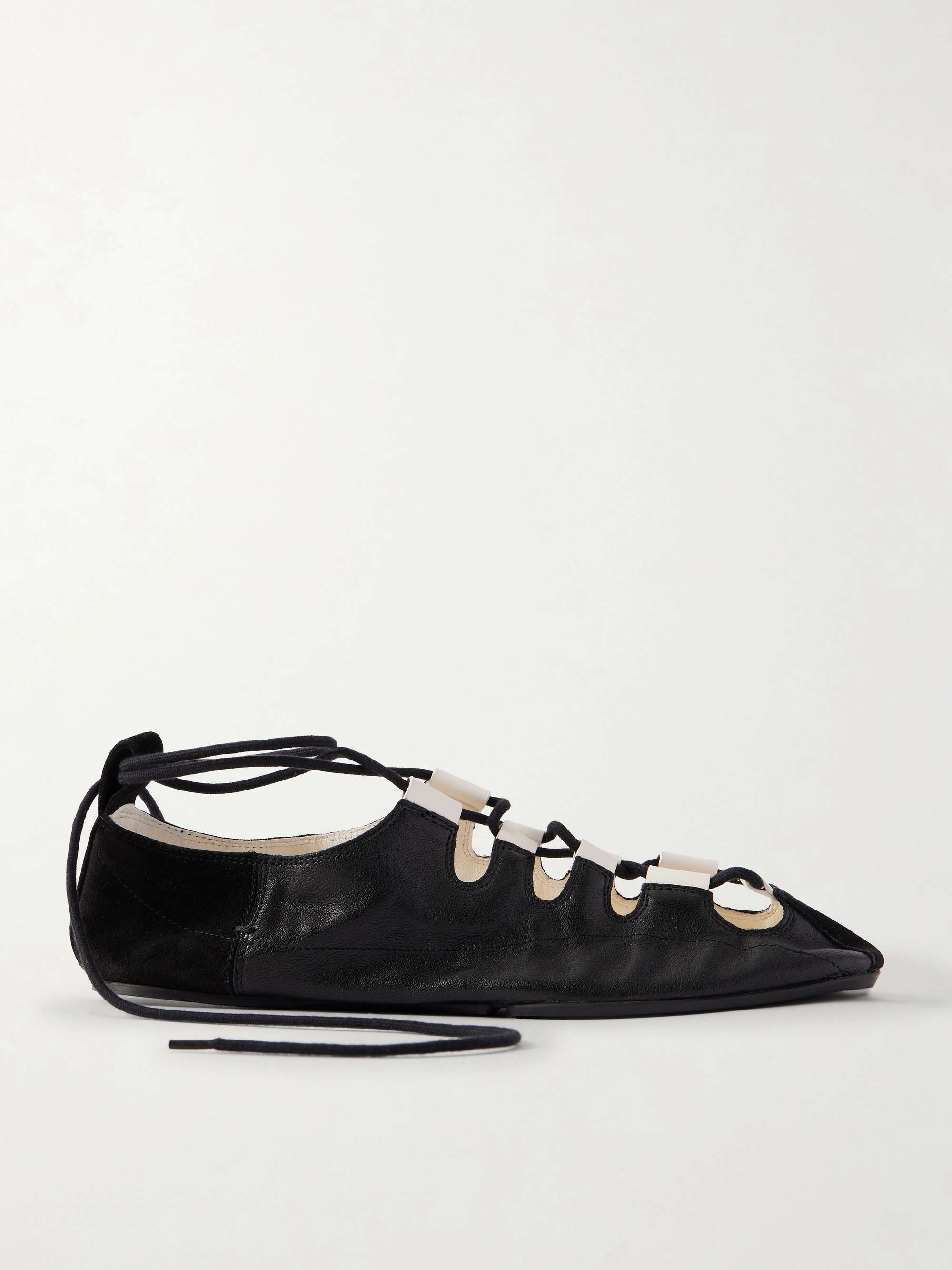 Suede-Trimmed Leather Ballet Flats
