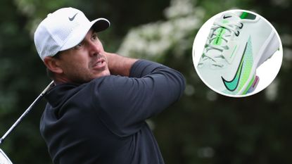 Brooks Koepka watches his golf shot, with a pair of Nike golf shoes in a circle
