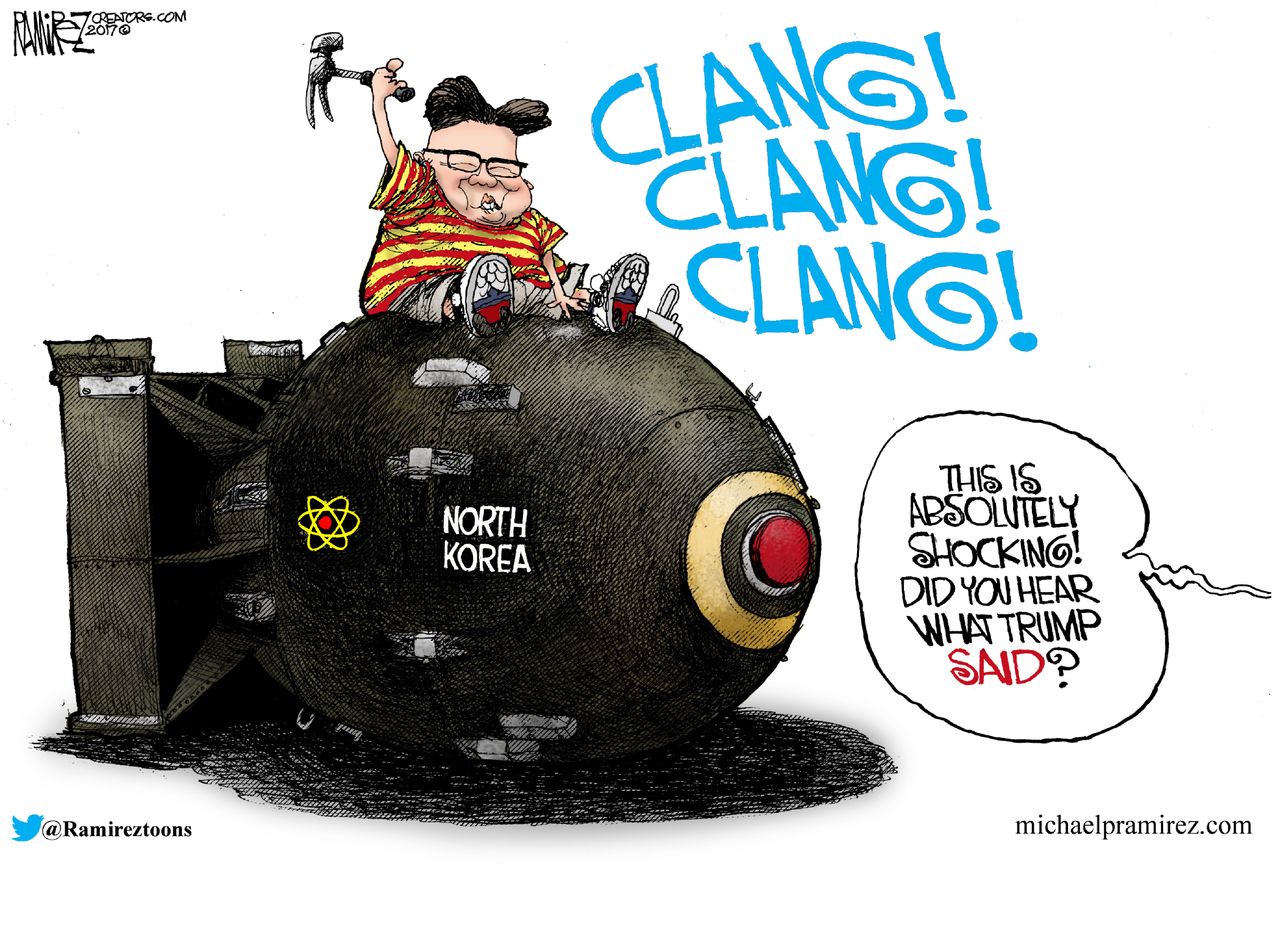 Political cartoon U.S. Trump Kim Jong Un nuclear threat