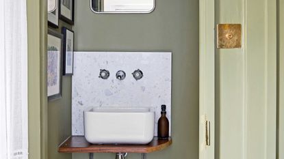 green powder room with white sink