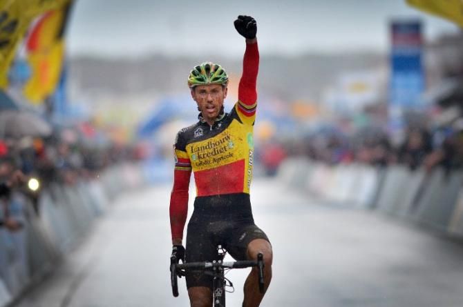 Belgian champion Sven Nys is all alone on the finishing straight as he wins the sixth round of the 2012-13 World Cup in Heusden-Zolder, Belgium