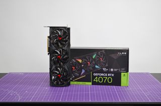 A PNY GEFORCE RTX 4070 XLR8 Verto graphics card on its retail packaging