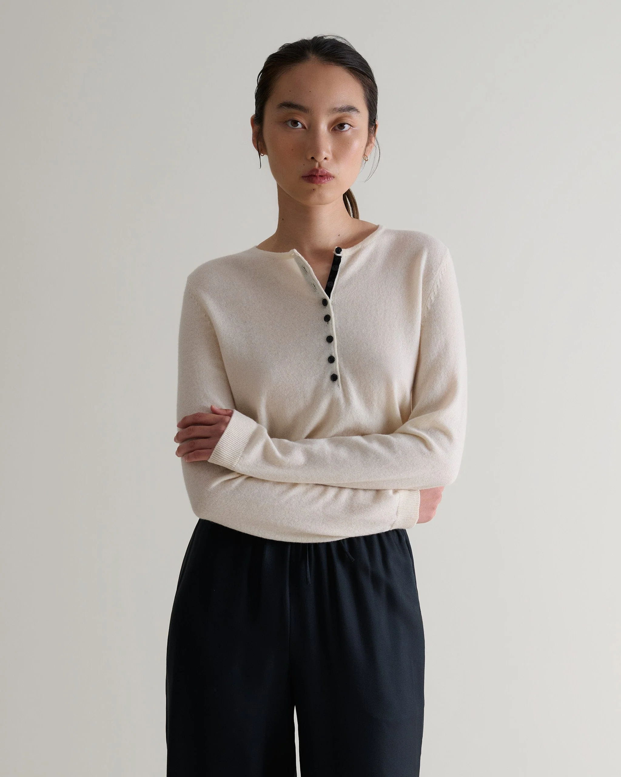 Rise &amp;amp; Fall, Women&#039;s Cashmere Merino Henley Jumper - Buttermilk