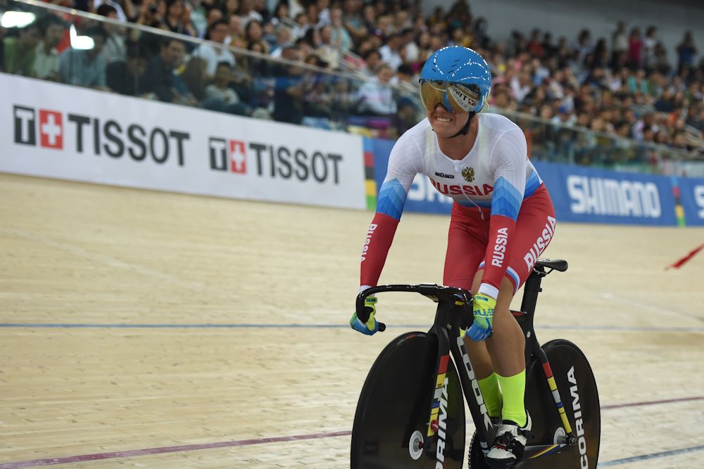 Russia's Anastasiia Voinova prepares to compete in the final of the women's 500m time trial at the Hong Kong Velodrome during the Track Cycling World Championships