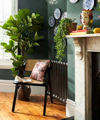 A green living room with a fireplace, rattan chair, and plants