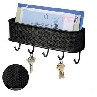 A black mesh letter and key organizer with hooks beneath