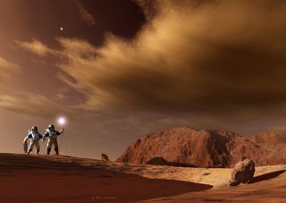 Two Marsonauts watching dust storm from caldera edge.
