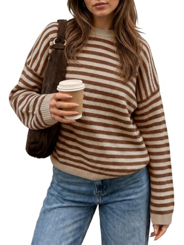 Saodimallsu Womens Striped Sweater Oversized Crew Neck Pullover Brown