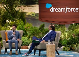 Sam Altman and Marc Benioff in discussion at Dreamforce 2023