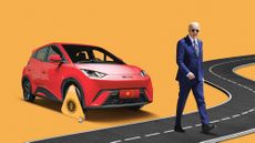 Illustration of Joe Biden walking away from a clamped BYD Seagull car