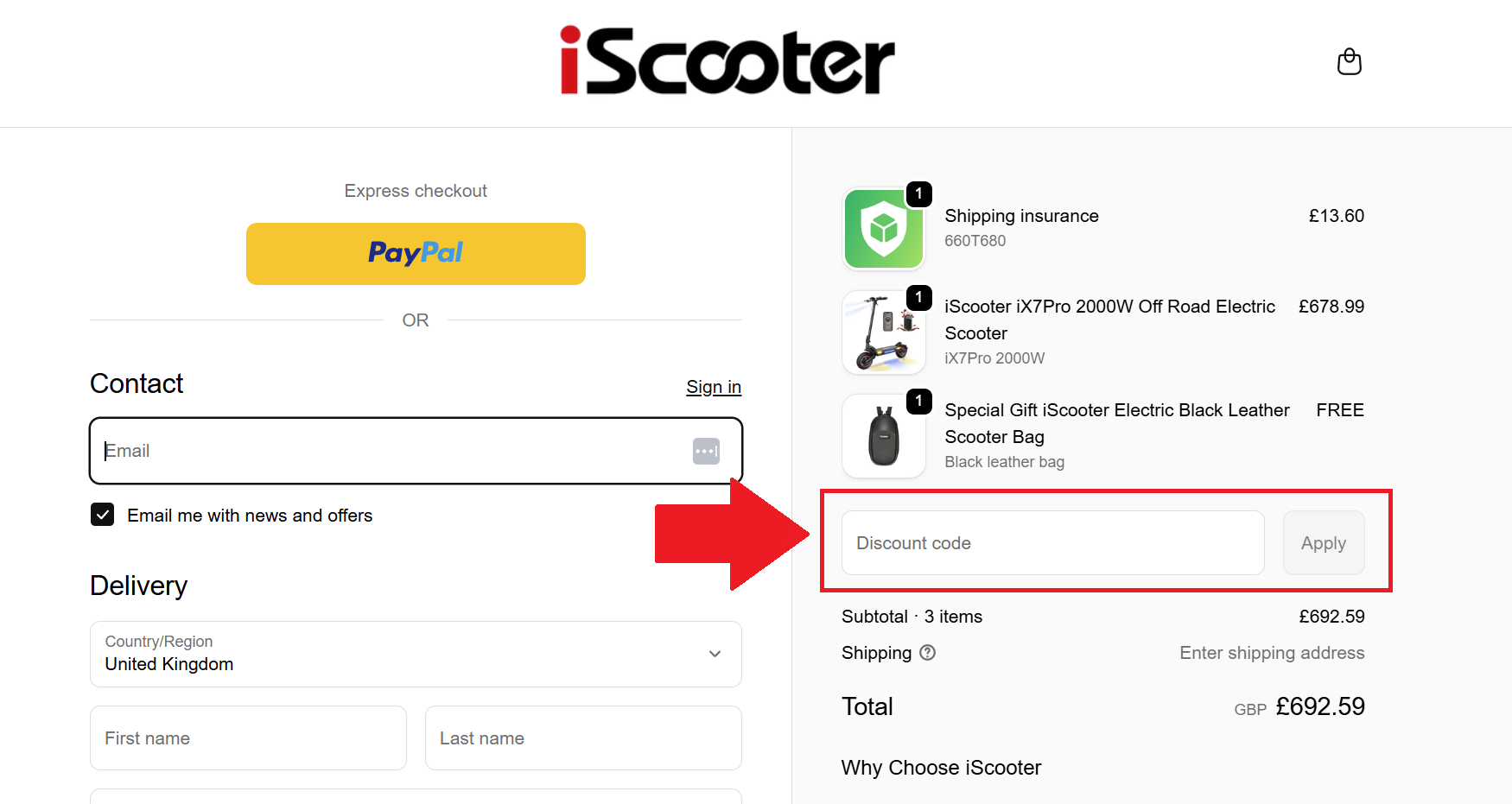 A screenshot of the iScooter checkout page showing where to enter an iScooter discount code
